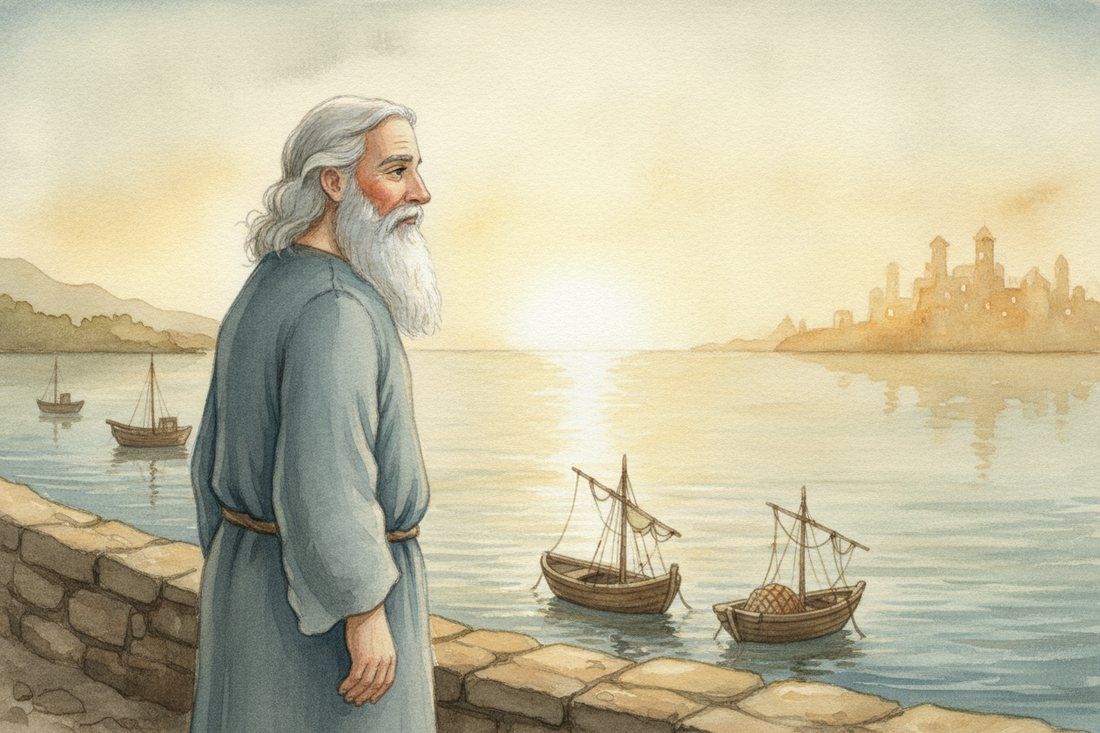 Jonah at the harbour at sunrise