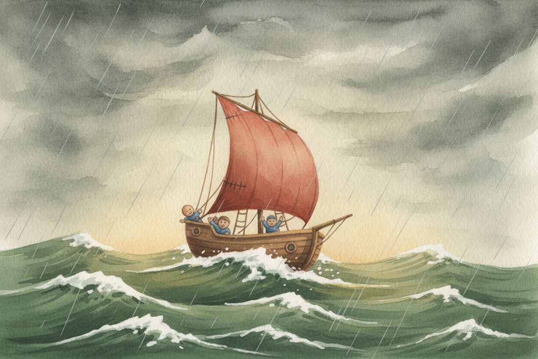 A small ship with a red sail on tall waves