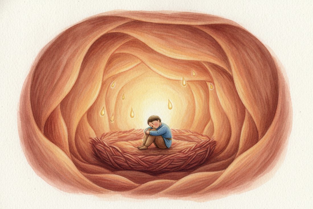 Inside the whale, warm and golden and safe