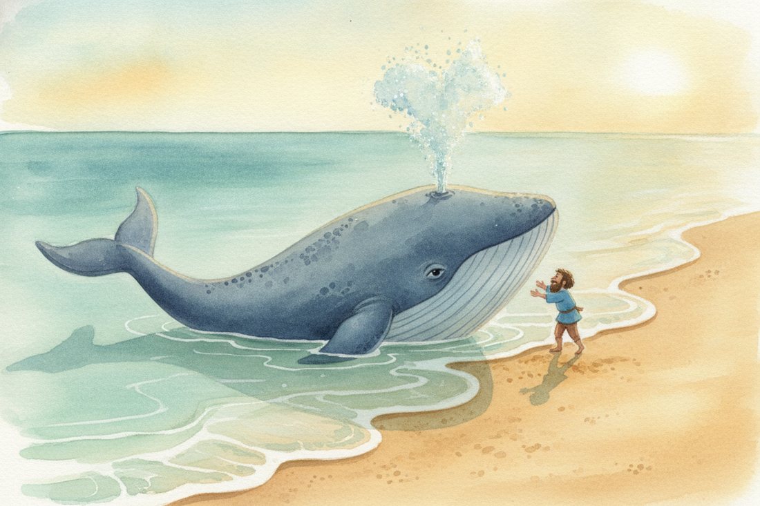 The whale setting Jonah gently on a honey-coloured beach