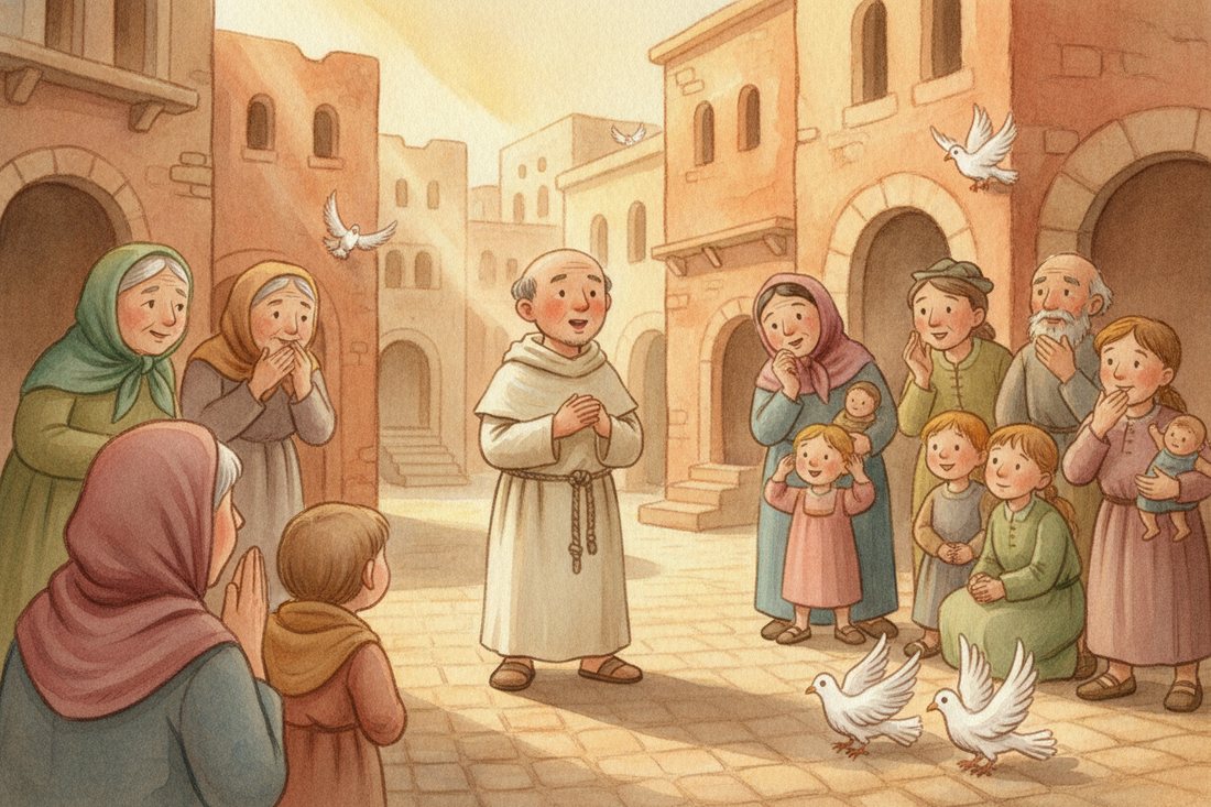 Jonah speaking gently in a sunlit city square